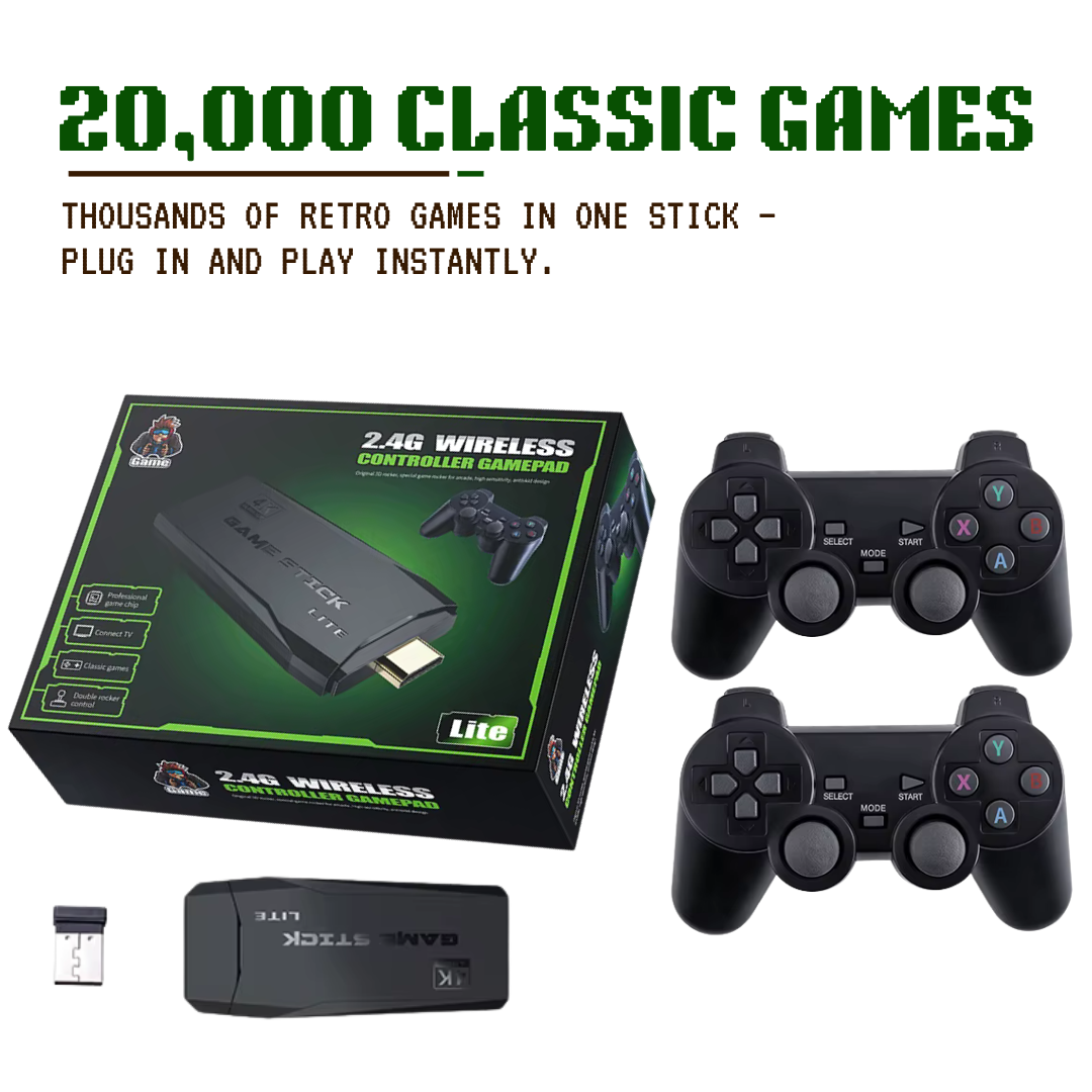 4K Wireless Retro Game Stick with 20,000 Games and Two Controllers